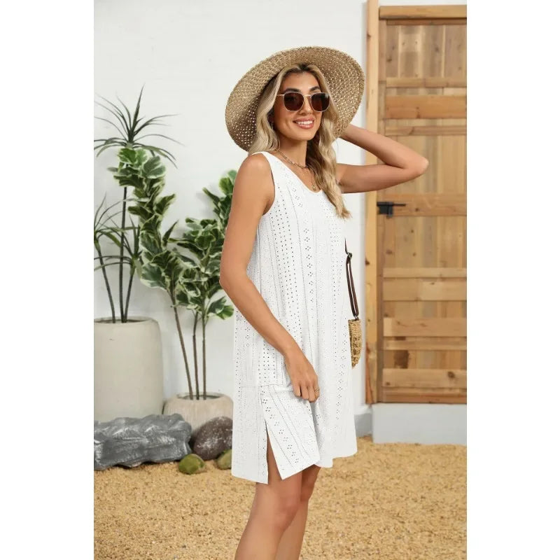 Loose Sleeveless Dress With Pockets Round Neck Solid Color
