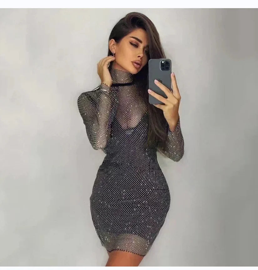 Rhinestone High Neck Glitter Party Dress Mid Length