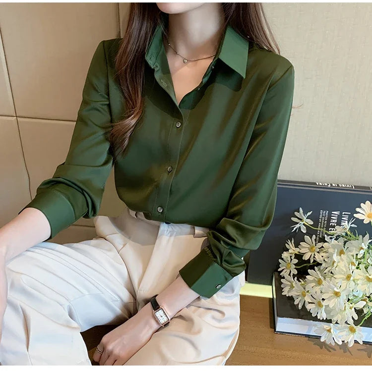Elegant Satin Long Sleeve Blouse for Women Casual Office Shirt Solid White Basic Top