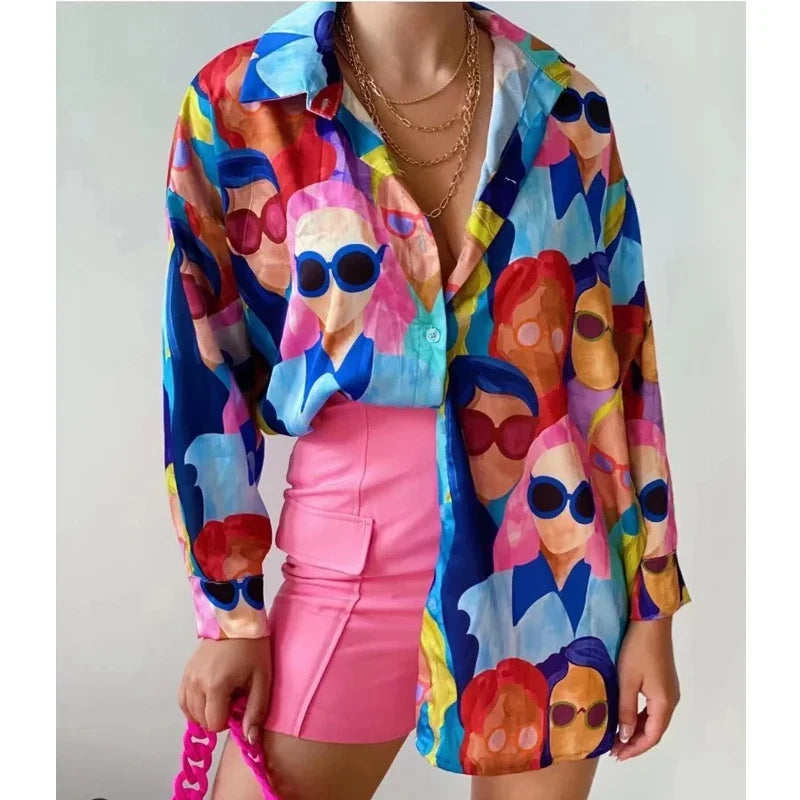 Casual Long Sleeve Turn Down Collar Blouse Loose Fit Printed Shirt Fashionable High Street Tops for Women