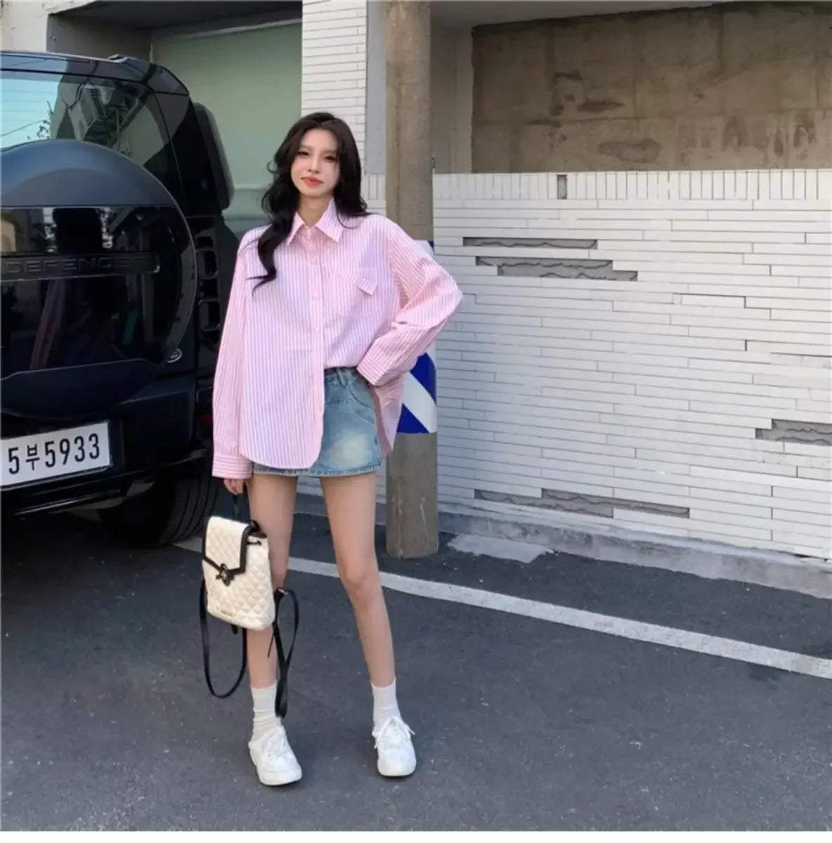 Loose Blue Striped Long Sleeve Blouse with Pocket Casual Versatile Shirt for Women