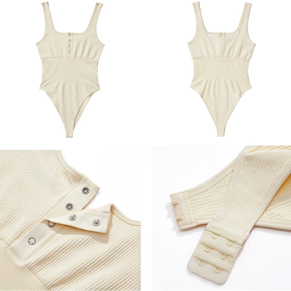 Women's Button Front Square Neck Ribbed Sleeveless Skinny Bodysuit Slimming Shapewear Casual Tank Top