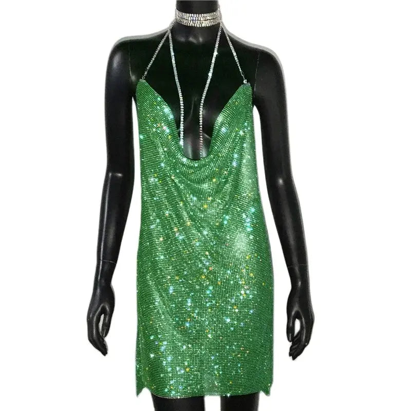 Sequin Rhinestone Backless Mini Dress For Nightclub Party