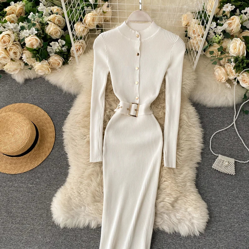Womens Winter Knitted Dress Stand Collar With Sash Belt