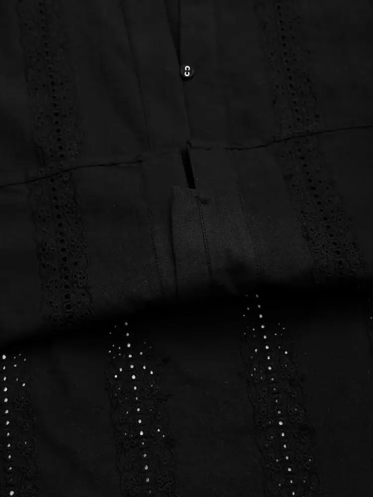 Womens Retro Casual Cotton Shirt Long Sleeve Embroidered Hollow Round Neck Lapel Top for Autumn