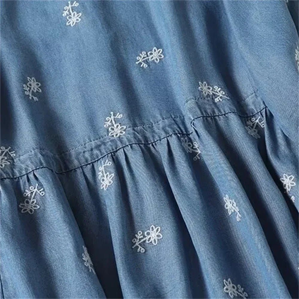 Womens V Neck Embroidered Dress Casual Elegant Short Sleeve