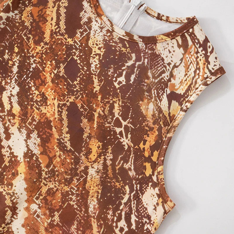 Brown Single Shoulder Long Sleeve Snake Print Jumpsuit for Women with Back Zipper Sexy One Piece Romper