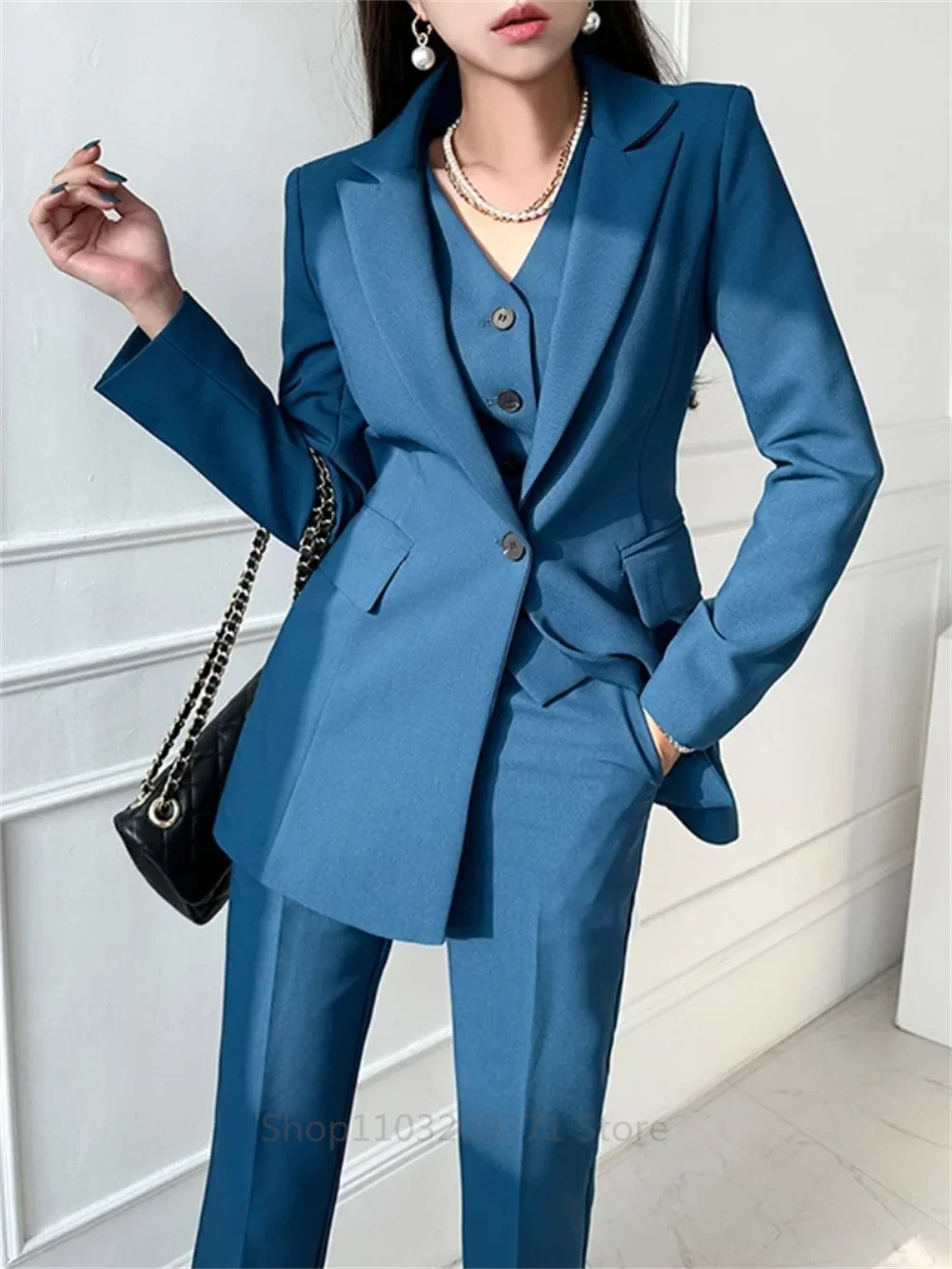 Chic Korean Women Blazer Suit Set with Pants and Vest