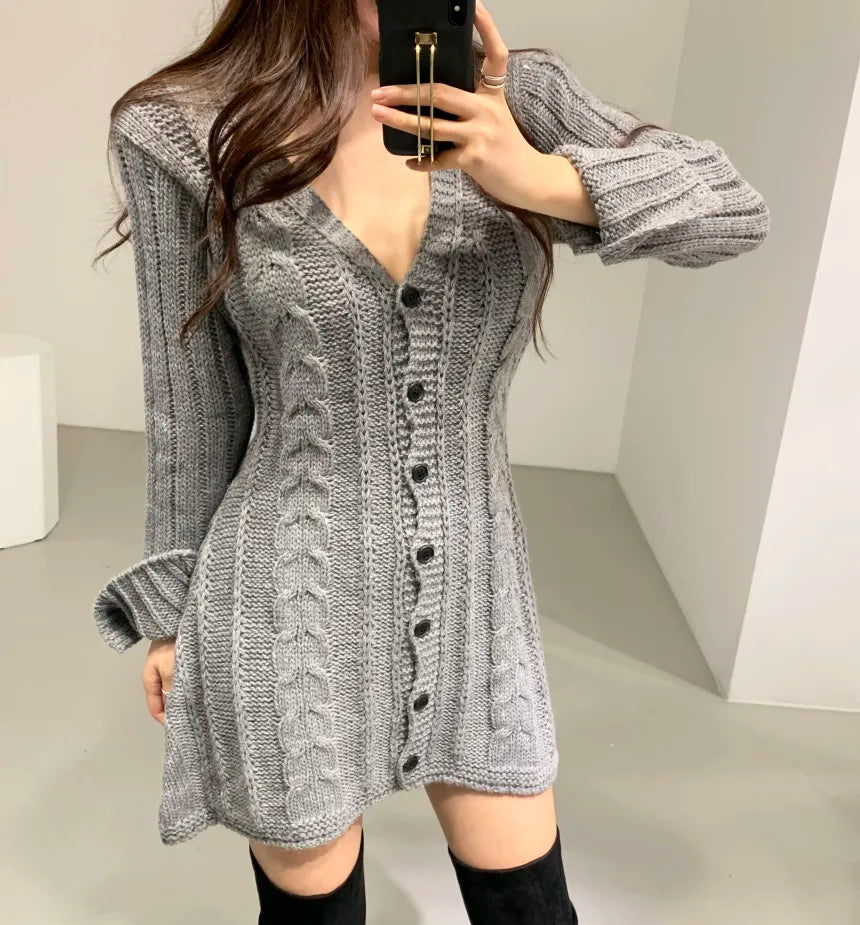 Cable Knit Sweater Dress For Women Long Sleeve Button Down