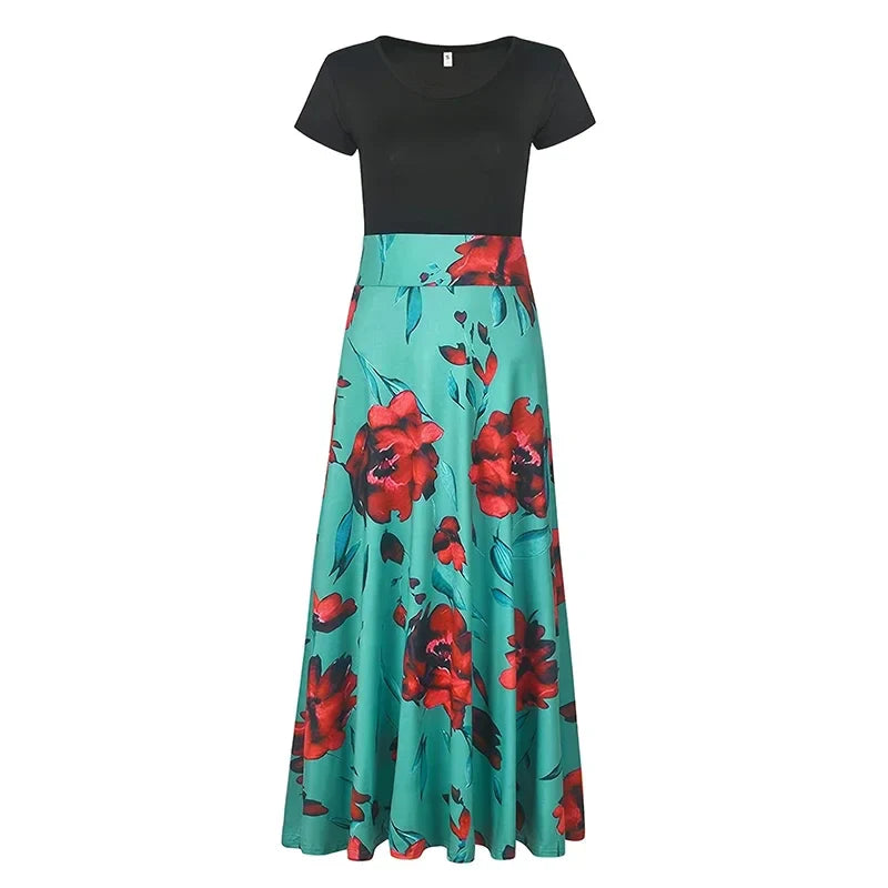 Printed Pleated Maxi Dress With Crew Neck Short Sleeves