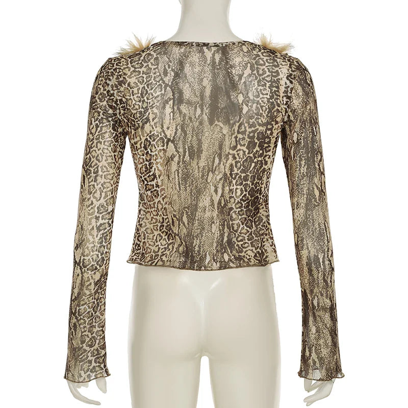 Casual Leopard Fur Trim Sheer Mesh V-Neck Long Sleeve Slim Bandage Blouse for Women