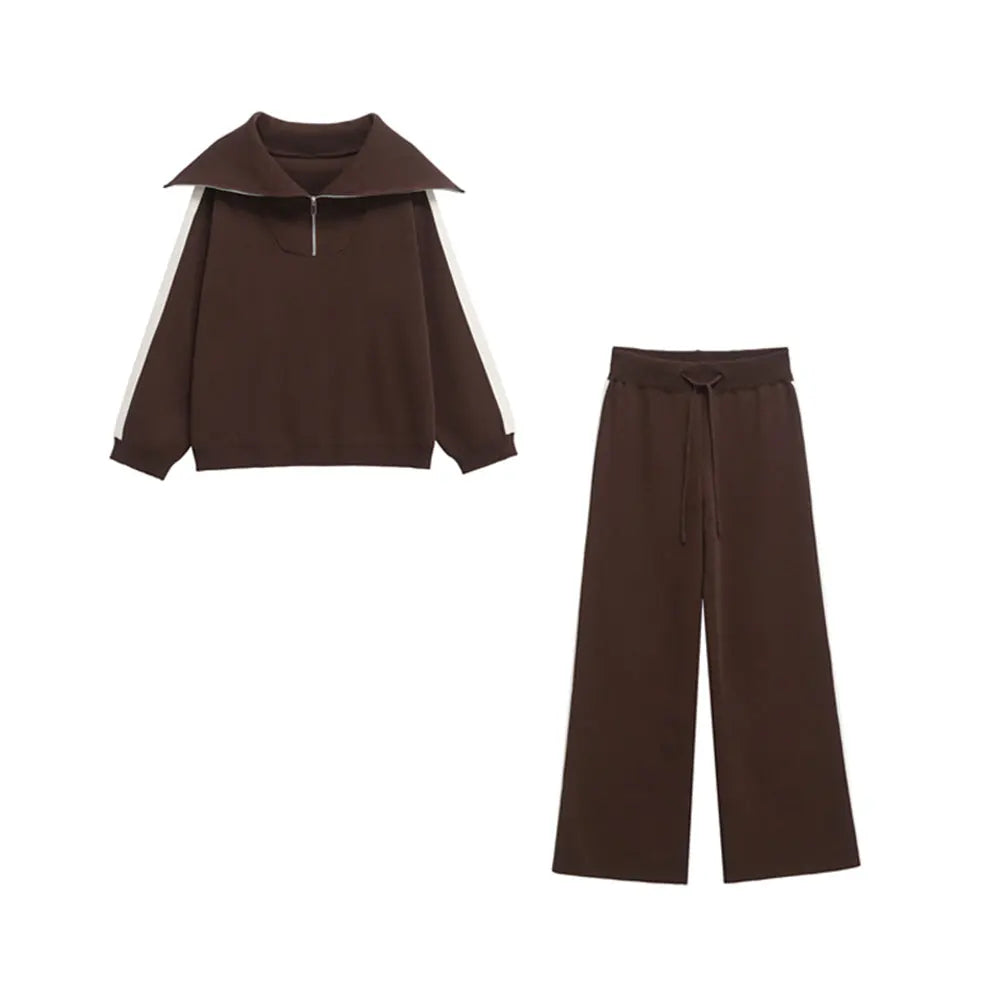 Women's Casual Two-Piece Set with Knit Sweater and High-Elastic Waist Straight Pants