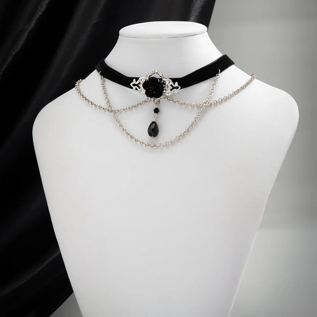 Punk Black Cotton Rope Choker Necklace with Link Chain Tassel and Crystal Beads for Women
