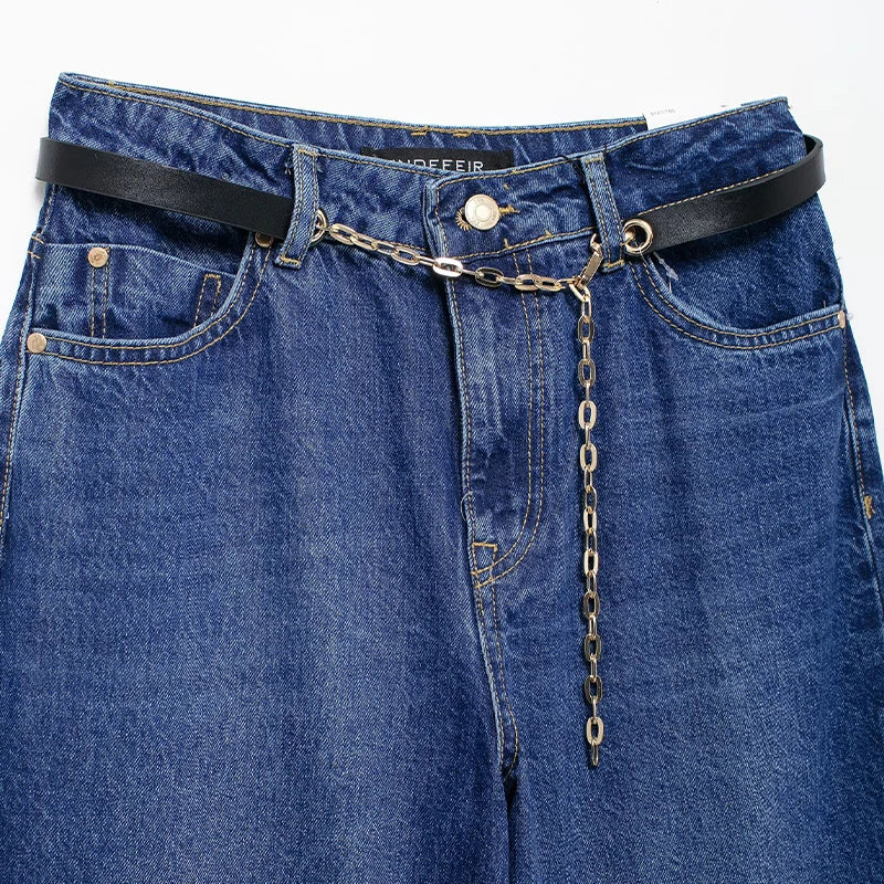 Women's Fashion Denim Blue V-Neck Tank Top and Vintage Straight Leg Pants Two Piece Set