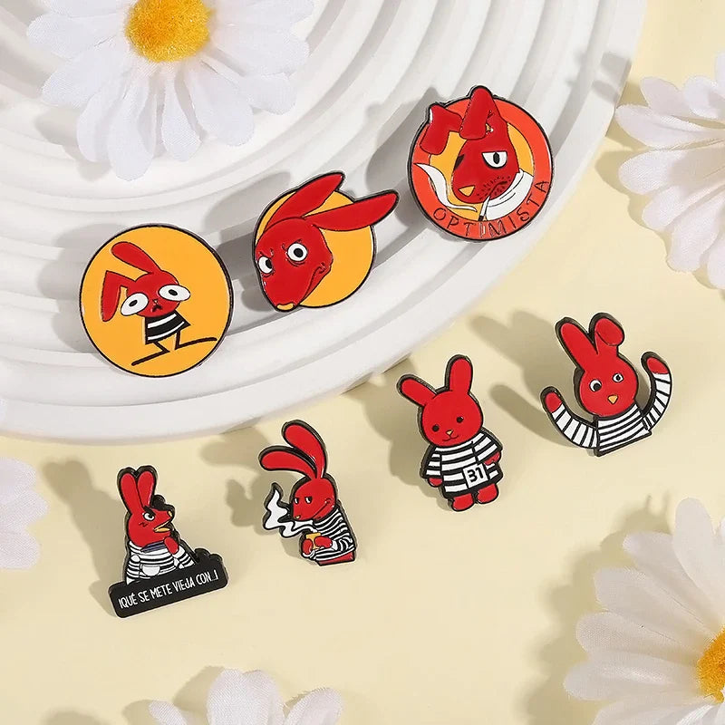 Humorous Anime Character Enamel Pins Red Eared Rabbit Brooch for Backpack and Jewelry Gifts