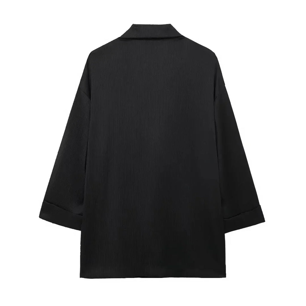 Elegant Women Blazer Pant Suit Set with Wrinkle Effect Double Breasted Long Sleeve Coat and Straight Trouser for Office Wear