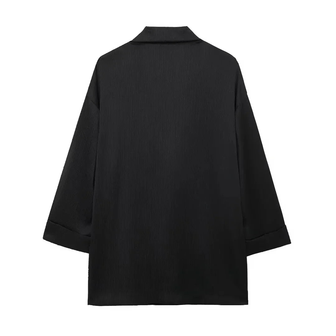 Elegant Women Blazer Pant Suit Set with Wrinkle Effect Double Breasted Long Sleeve Coat and Straight Trouser for Office Wear