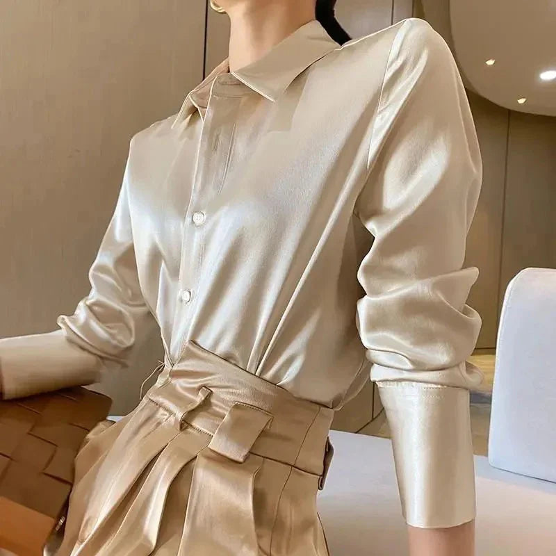 Elegant Satin Long Sleeve Shirt for Women Slim Fit Casual Office Blouse with Transparent Buttons