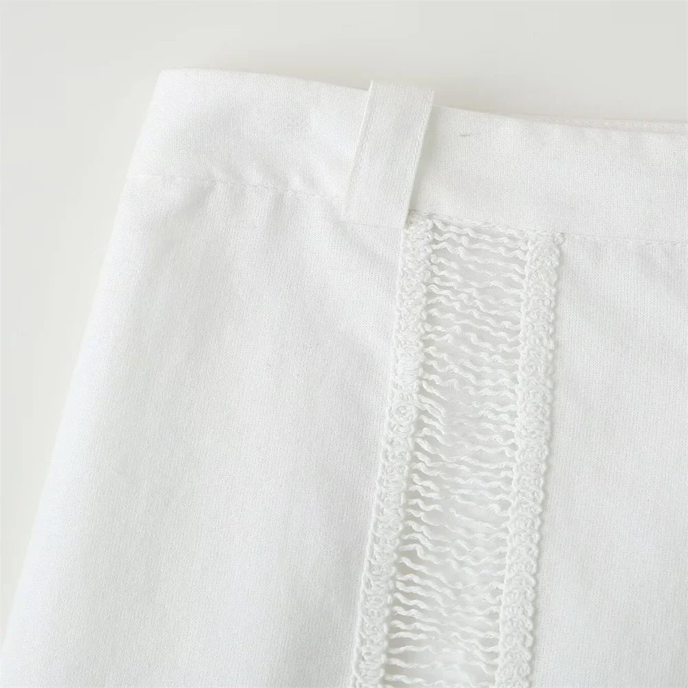 Women White Long Sleeve Blouse and Wide Leg Pants Set with Lace Trim Elegant Design