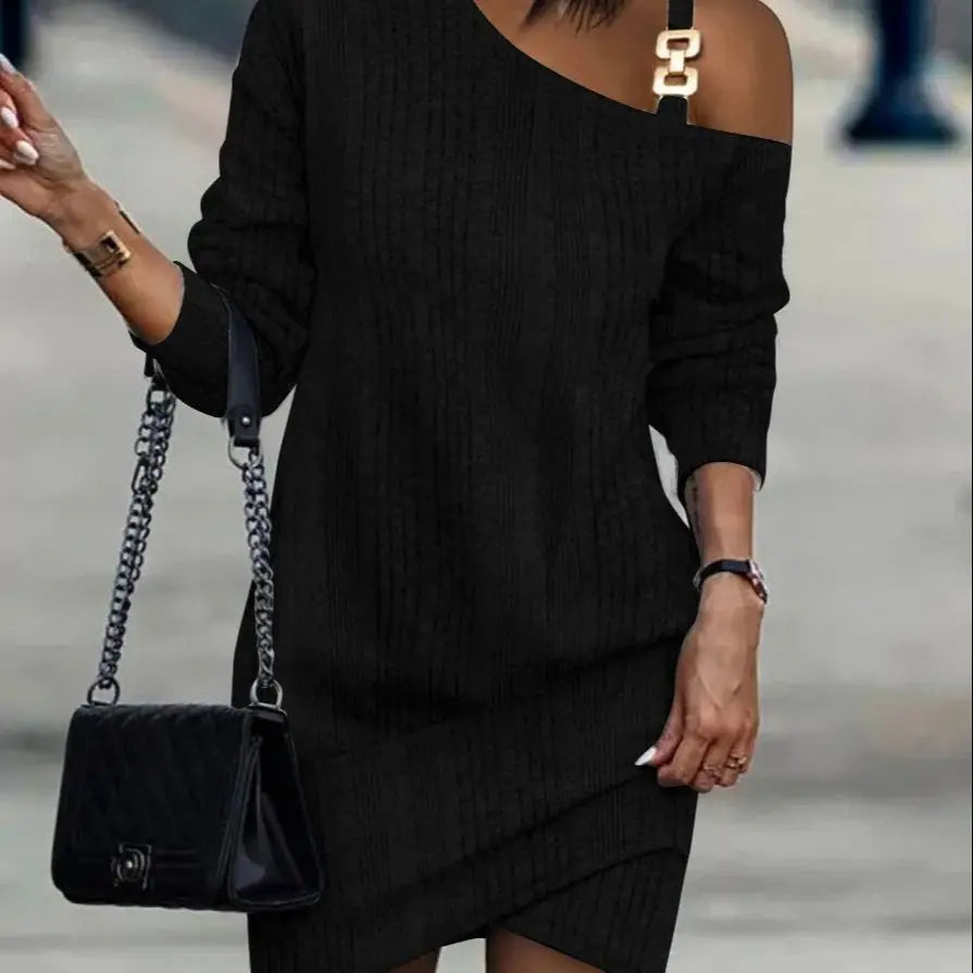 Casual A Line Dress With Chain Decor Long Sleeve Mini
