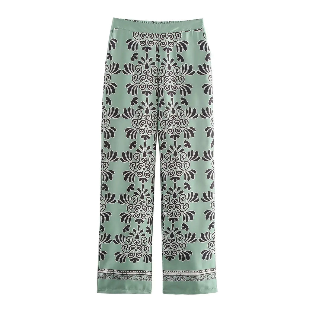 Loose Fit Long Sleeve Silk Satin Printed Shirt and Pants Set for Women