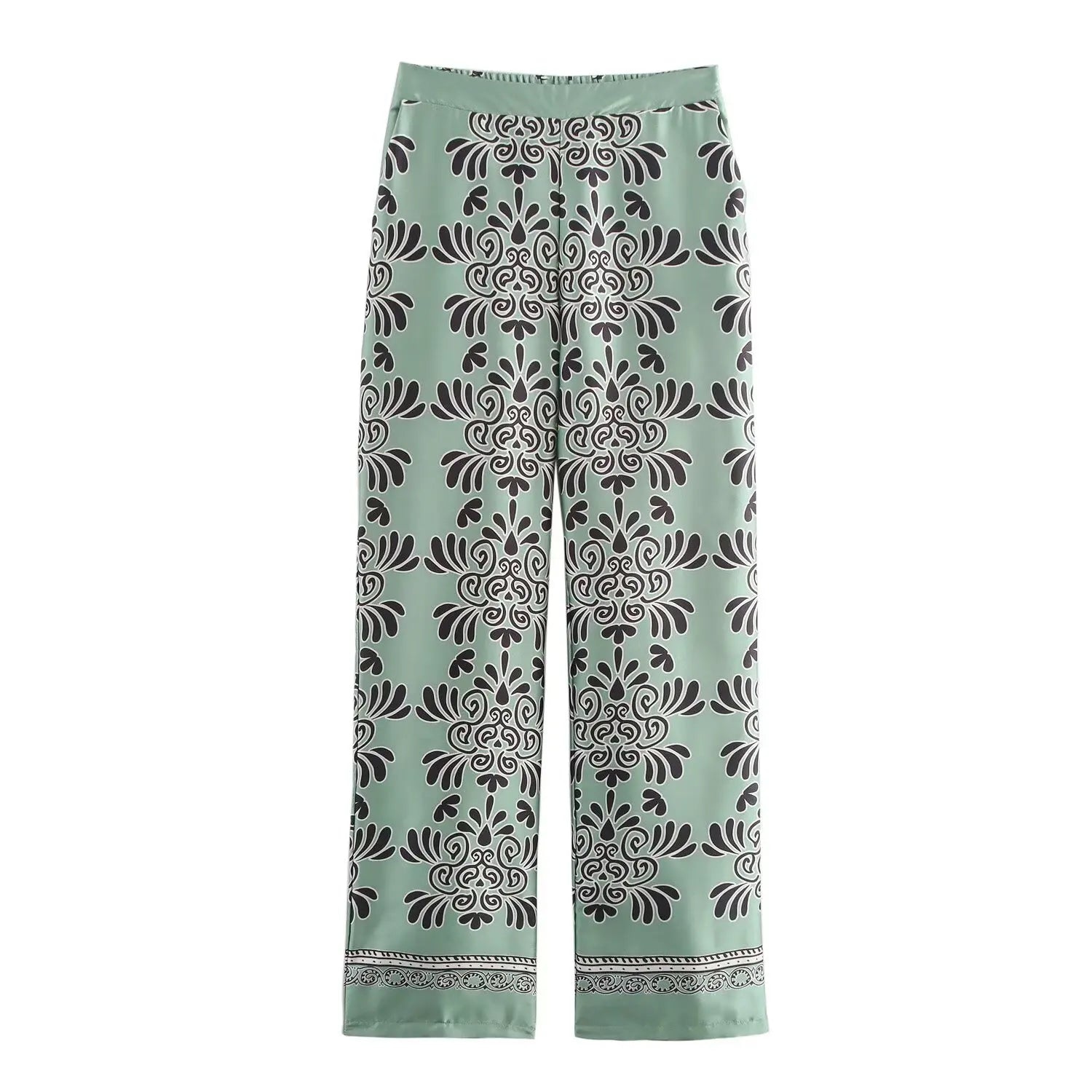 Loose Fit Long Sleeve Silk Satin Printed Shirt and Pants Set for Women