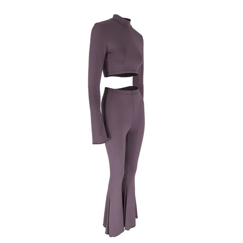 Autumn Winter Women's Casual Two Piece Set with High Collar Long Sleeve Top and Slim Fit Trousers