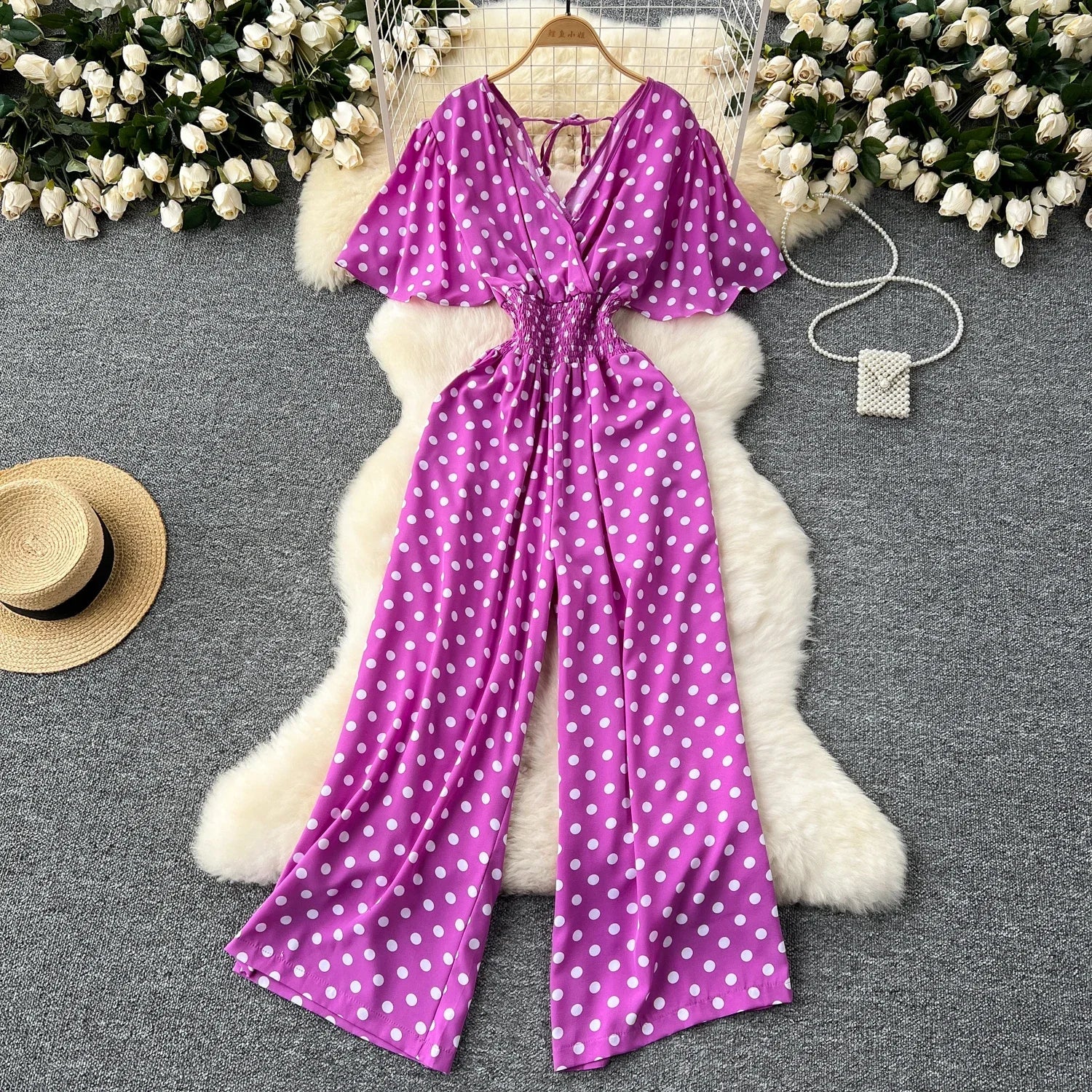Polka Dot Romper Jumpsuit Women V Neck High Waist Wide Leg