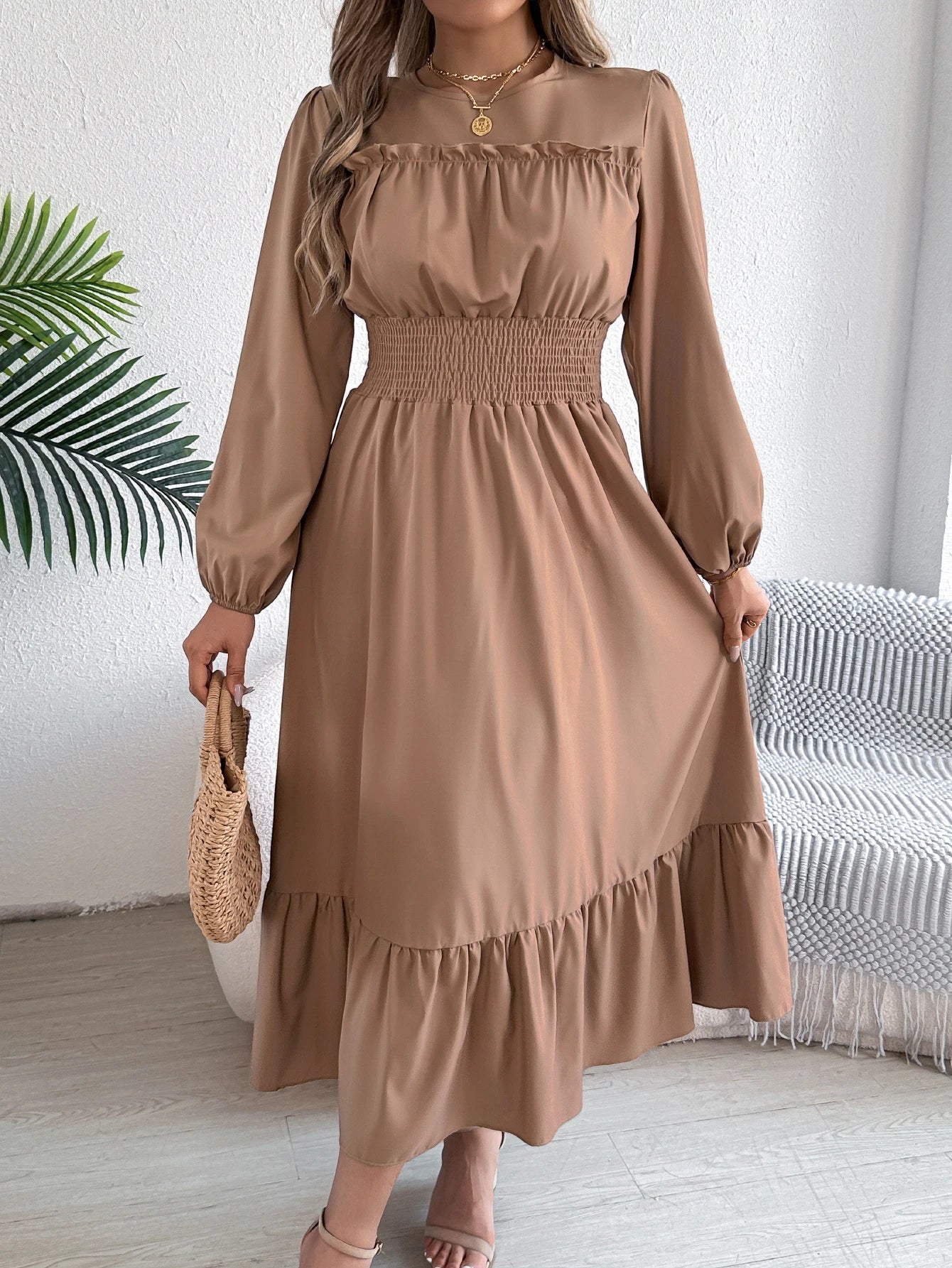Elegant Long Sleeve Dress With Cinched Waist Solid Color