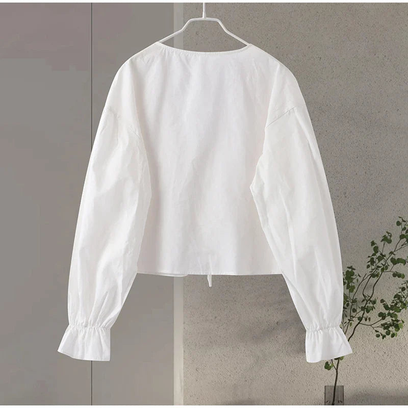 Elegant Solid Lace-Up V-Neck Blouse for Women with Lantern Sleeves and Hollow Out Detail Loose Fit Chic Female Shirt