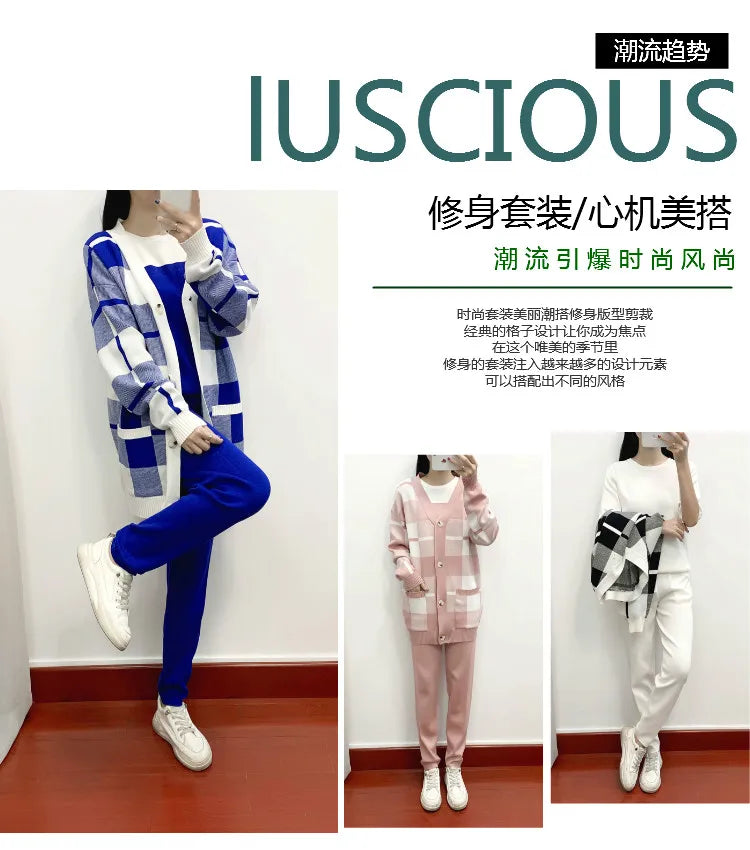 Autumn Winter Women's Plaid Knit Tracksuit Set with Cardigan Sweater Coat, Short Sleeved Top, and Solid Harem Pants