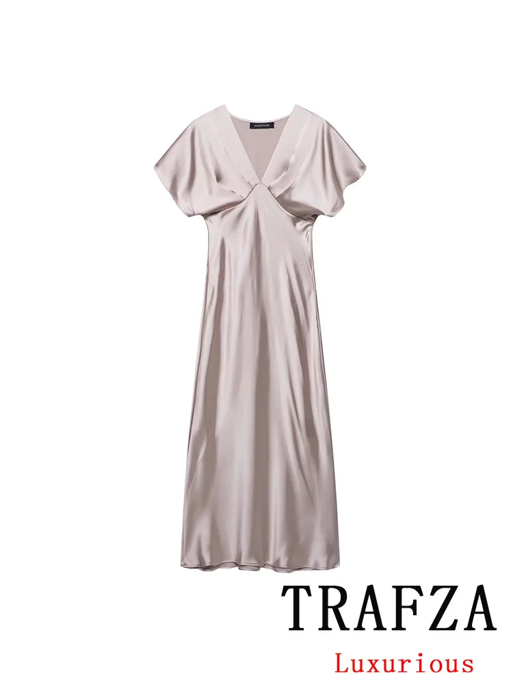 Satin V Neck Long Dress For Women Elegant Party Gown