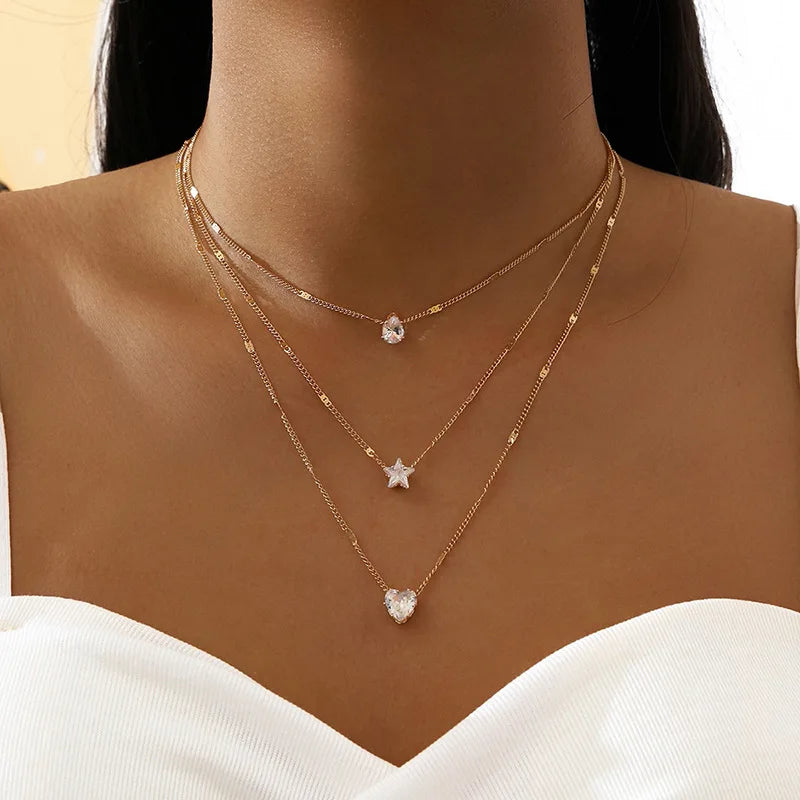 Trendy Multilayer Chain Choker Necklace with Shiny Zircon Pendant for Women Fashion Party Jewelry Gift