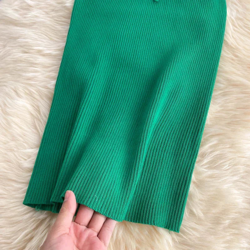 Korean Knit Bodycon Dress V Neck Drawstring Short Sleeves