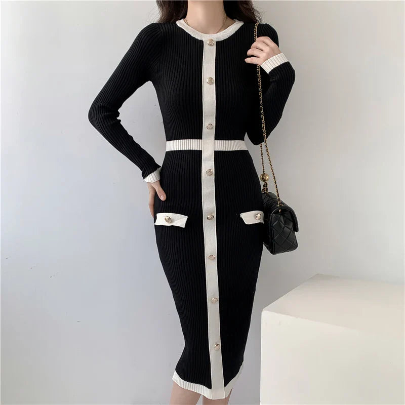Black Knitted Midi Sweater Dress For Women Long Sleeve