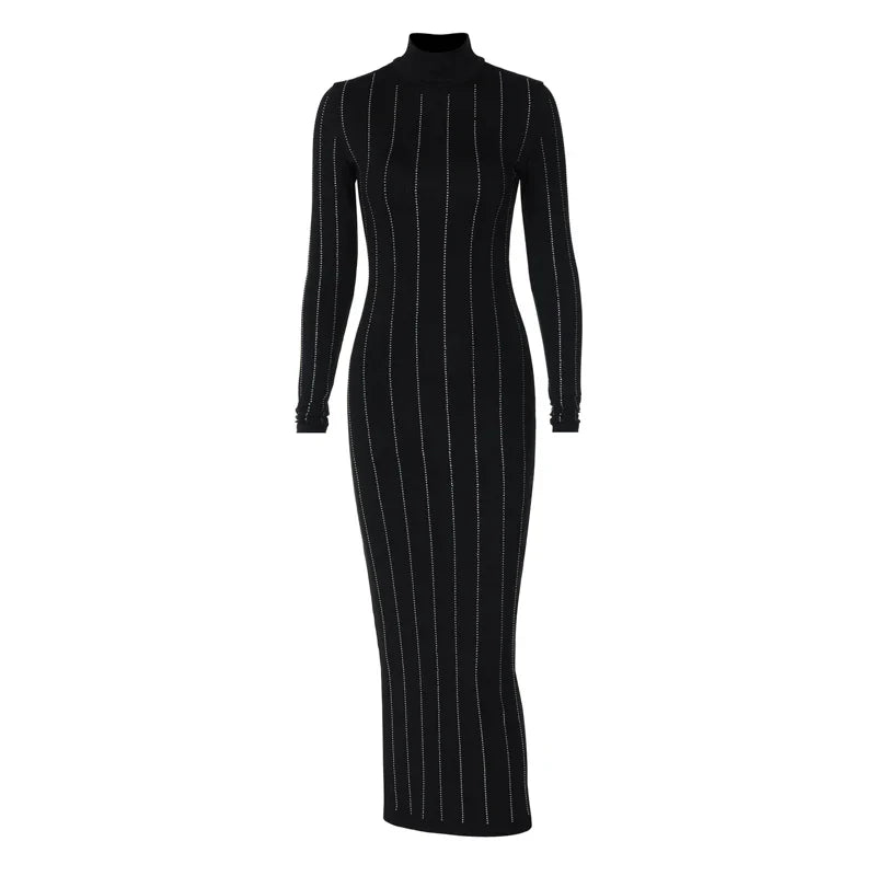 Sequined Bodycon Black Midi Dress Turtleneck Long Sleeve