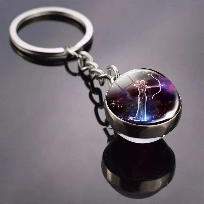 Luminous Zodiac Key Chain Double Sided Glass Ball Pendant for Men and Women Birthday Gift