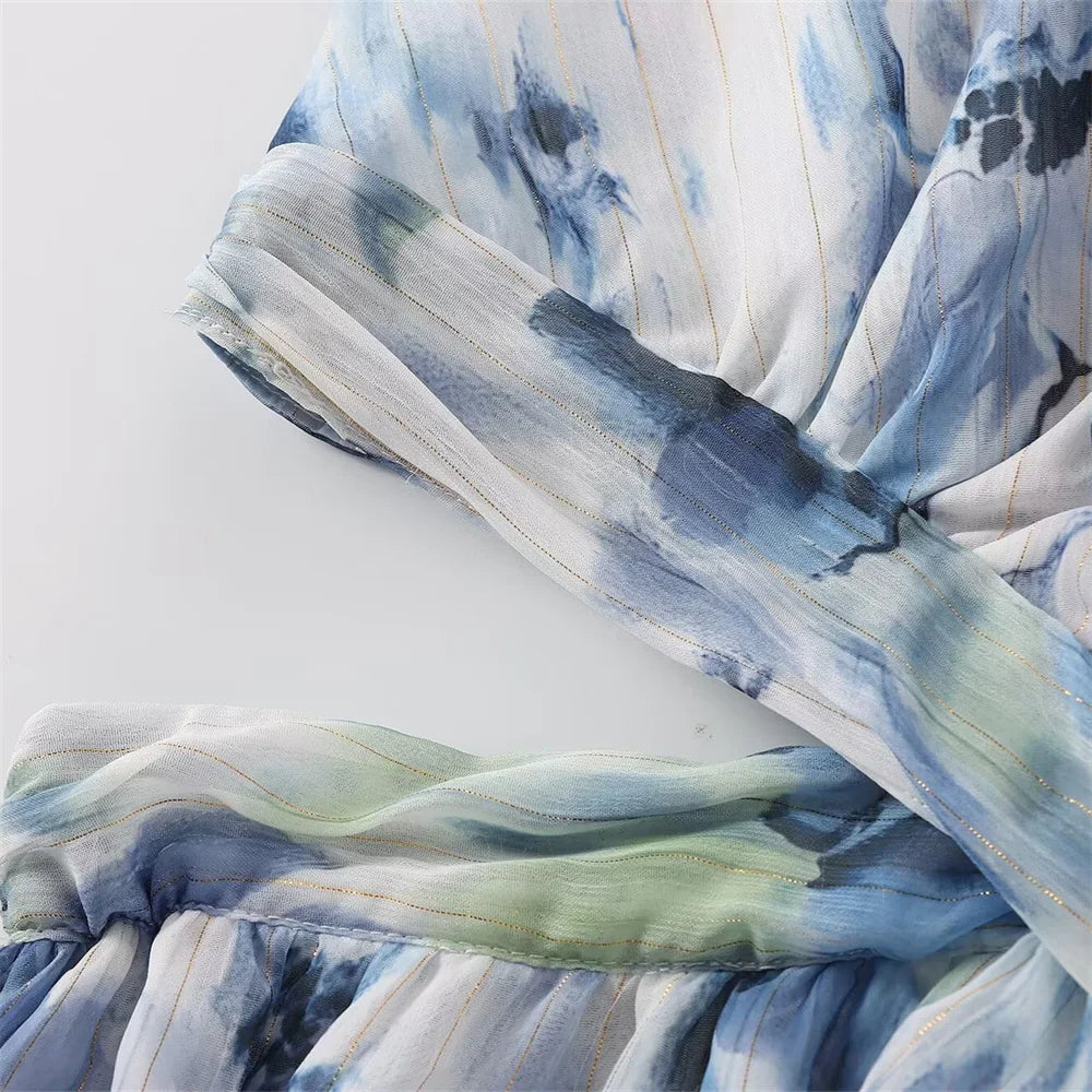 V Neck Printed Dress With Metal Line Open Waist Silhouette