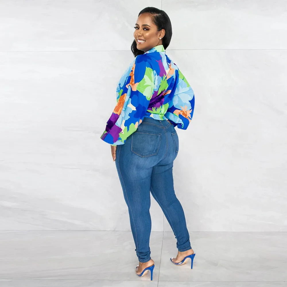 Women's Printed V-Neck Ramie Shirt Loose Bat-Sleeve Summer Top with Belly Cover Age-Reducing Design