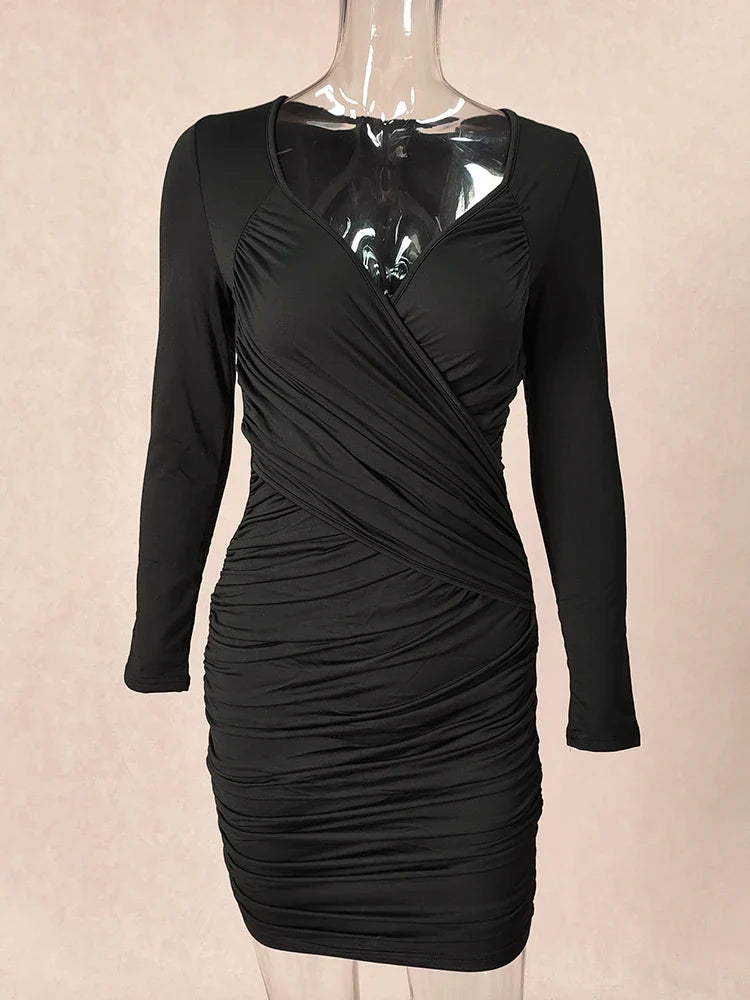 Black Long Sleeve V Neck Bodycon Evening Dress Hip Wrap
