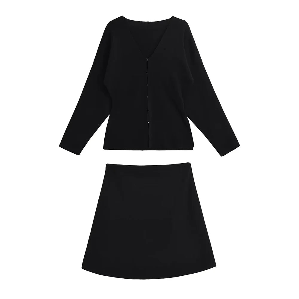 Women's Casual V-Neck Long Sleeve Knitted Cardigan and Short Skirt Set Slim Fit Stylish Two-Piece Outfit