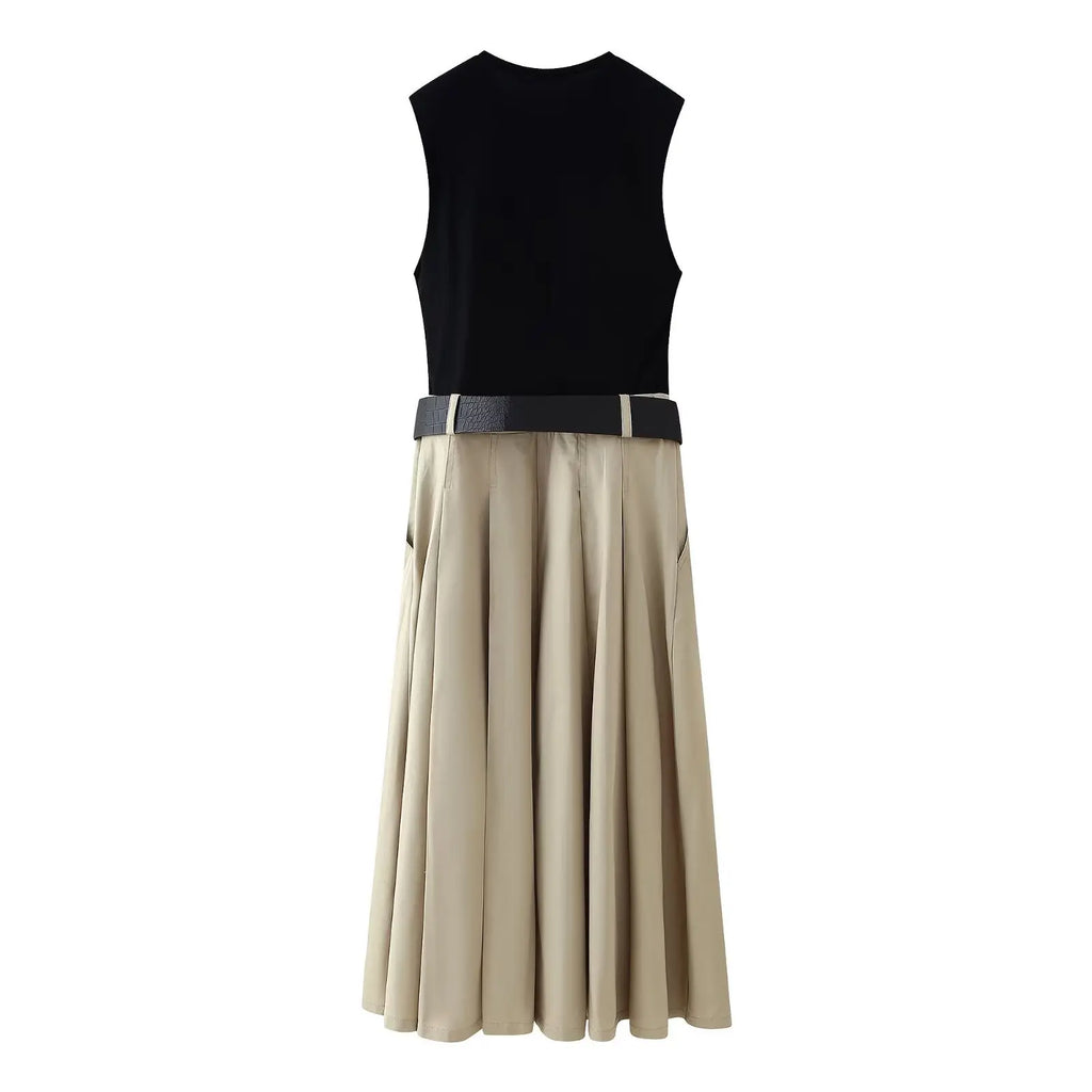 High Waist Pleated Dress With Belt Round Neck Sleeveless