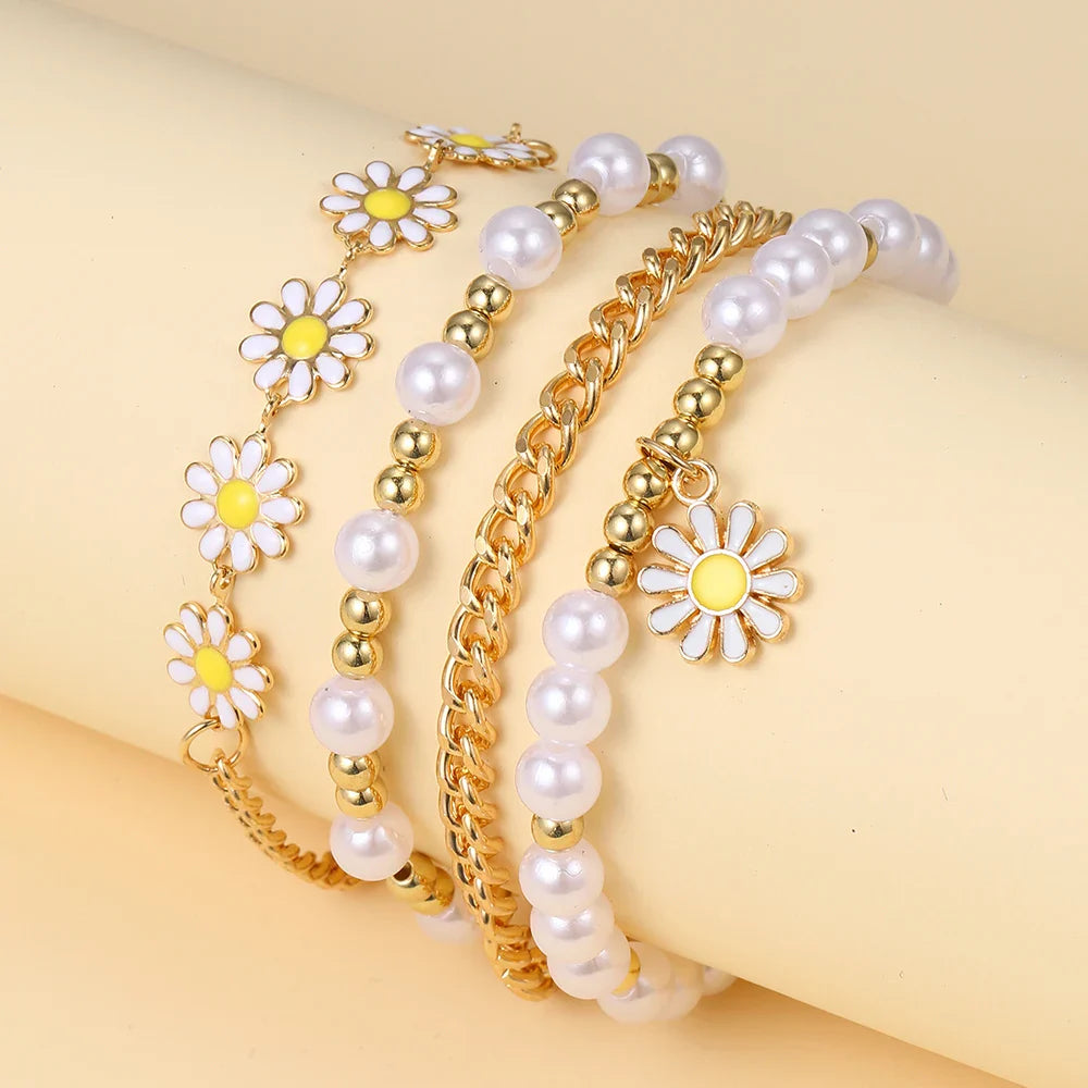 4pcs Vintage Daisy Flower Faux Pearl Bracelet Set for Women Bohemian Stackable Jewelry