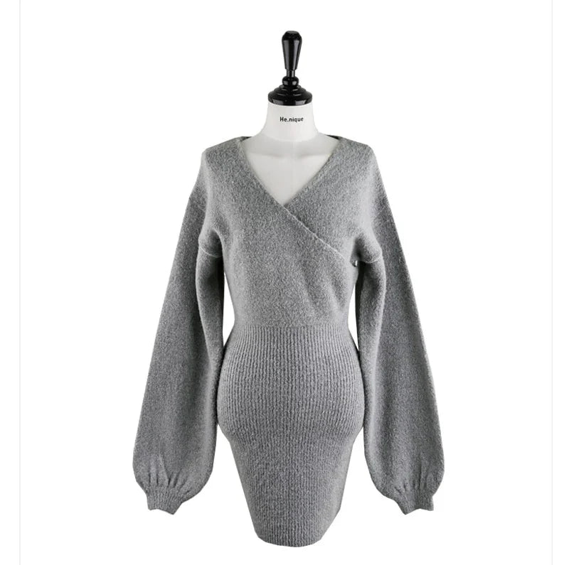 Cross V Neck Knitted Sweater Dress Wrap Style Short Fit