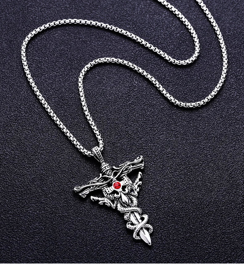 Punk Fashion Titanium Steel Necklace with Double Dragon Sword Pendant and Evil Eye Cross for Men