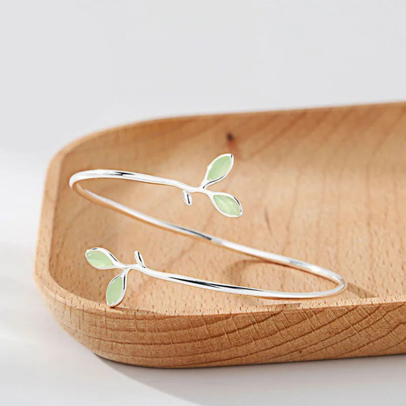 925 Sterling Silver Bangle with Green Opal Leaf Design for Women - Elegant Twigs Branch Jewelry Gift