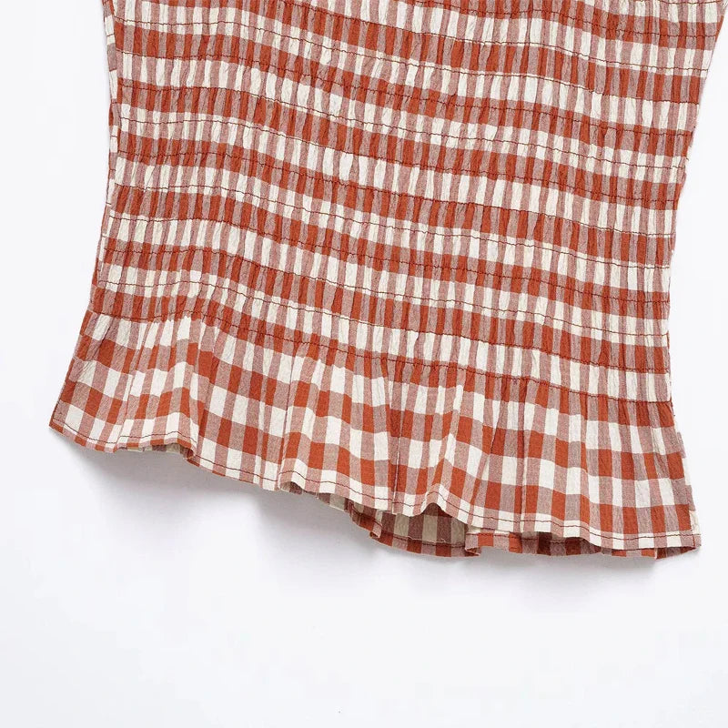 Women's Plaid Halter Crop Top with Backless Design and High Waist Vintage Maze Pattern Skirt Set