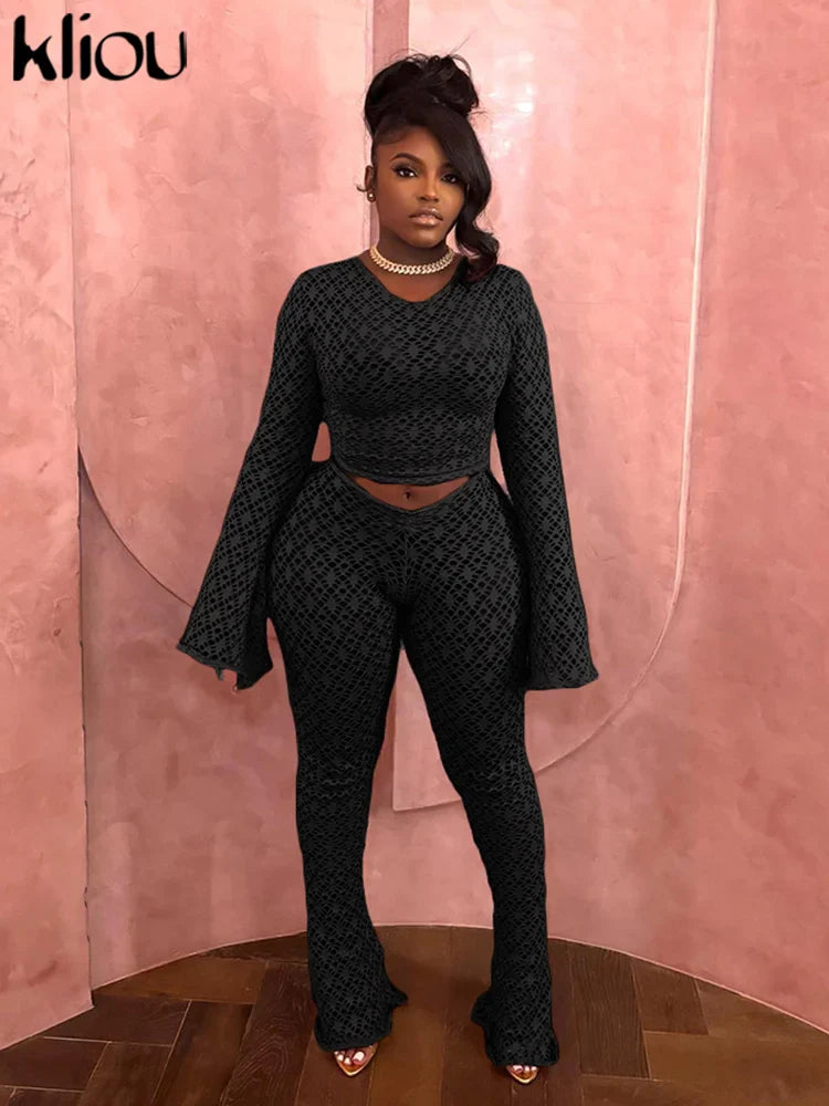 Sexy Coquette 2 Piece Set Sheer Long Sleeve Slim Top and High Waist Flare Pants Nightclub Outfit