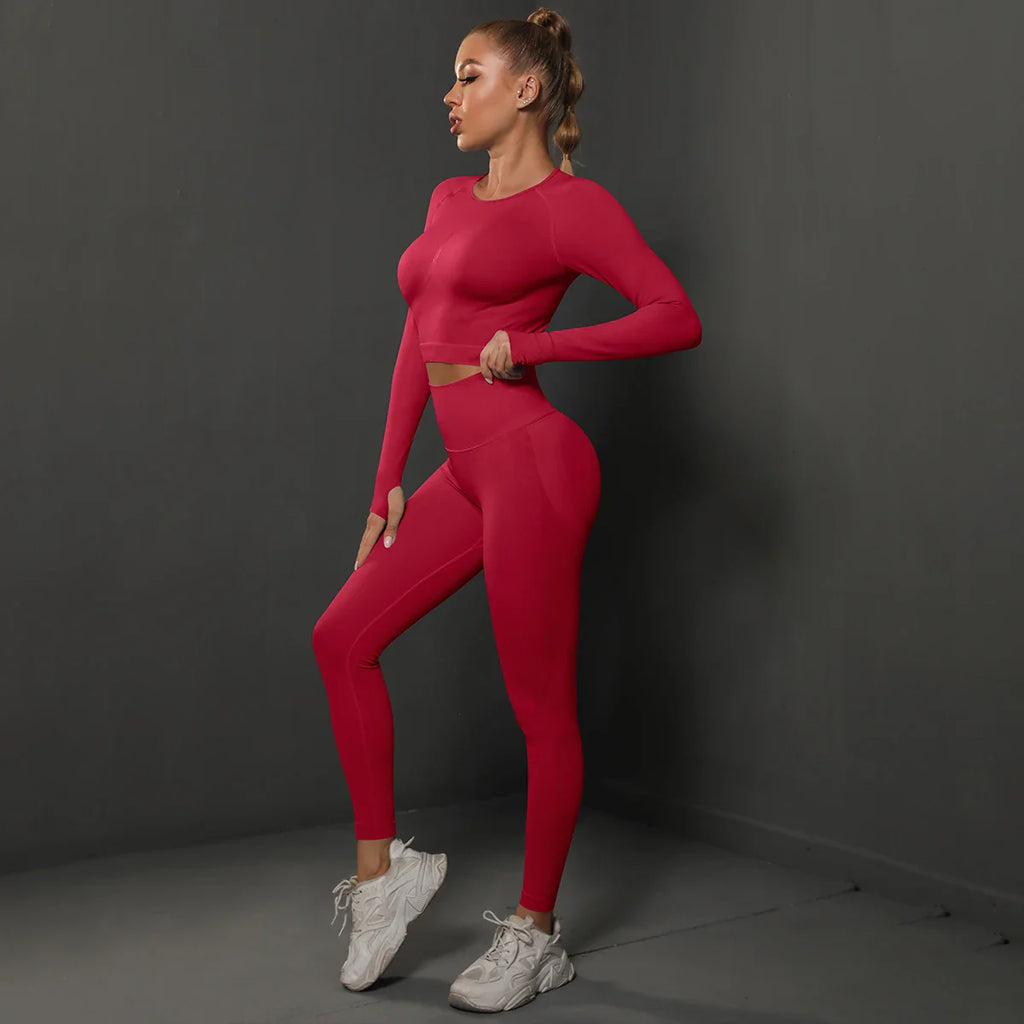 2Pcs Women Seamless Energy Gym Set Bubble Butt Sports Leggings and Long Sleeve Push Up Running Tracksuit Tights Activewear Set