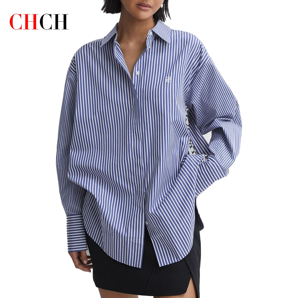 Women's Blue Striped Splicing Business Commuter Top with Stylish Bottom Shirt Design